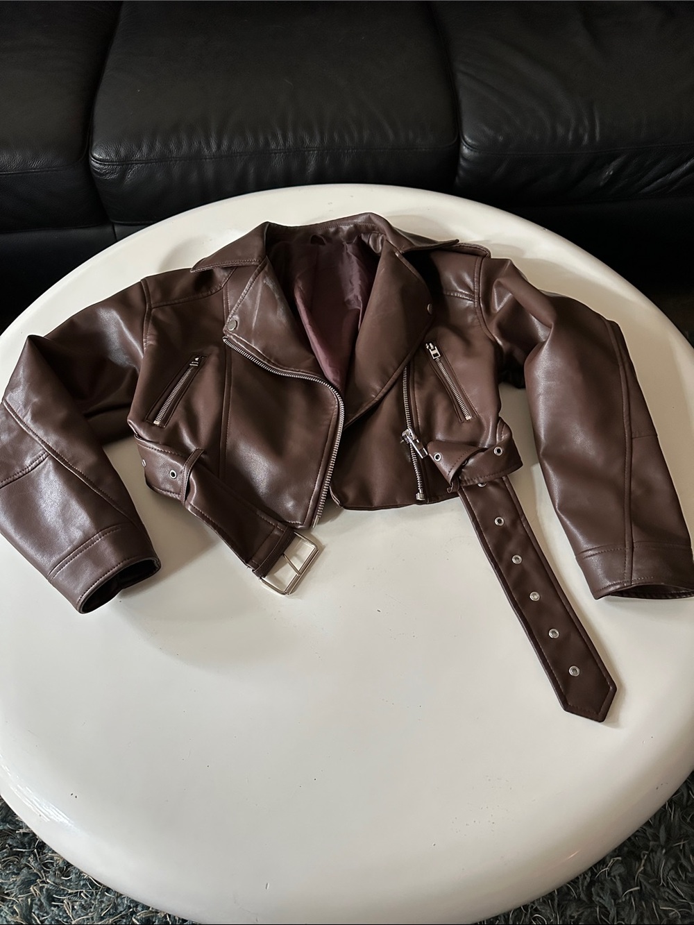 Cropped Brown Faux Leather Moto Jacket with Belt